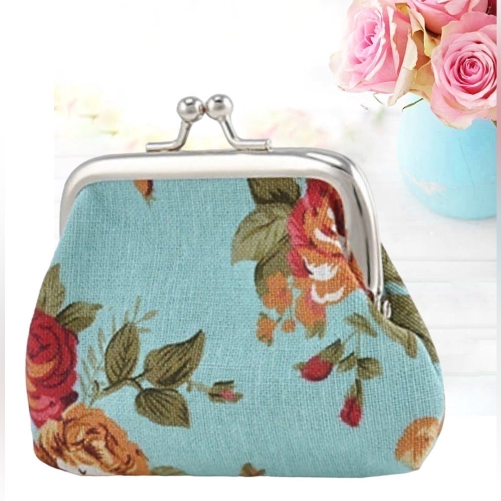 Purse Coin Bag French Kiss Clasp Storage Change Victorian Rose Floral Blue - Picture 16 of 16